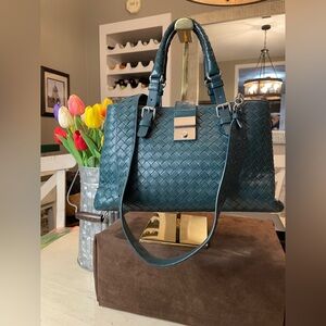 Bottega Veneta Teal Intrecciato Leather Satchel with Dust Bag and Mirror